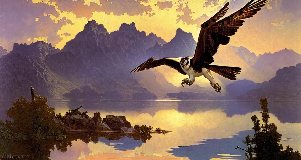 Image similar to an osprey in flight over a spectacular mountain lake at golden hour. art nouveau. surrealism. by albert bierstadt, alphonse mucha and julie dillon.