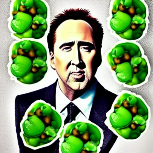 Image similar to not the bees with nicholas cage, but with peas