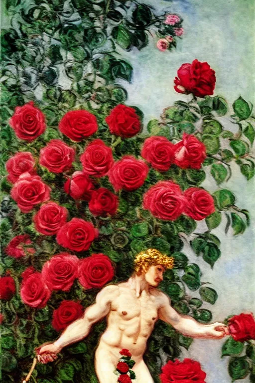 Image similar to the greek god hermes marched forward among the roses, monet, musha, oil painting style, large beautiful pale pink roses and deep red roses