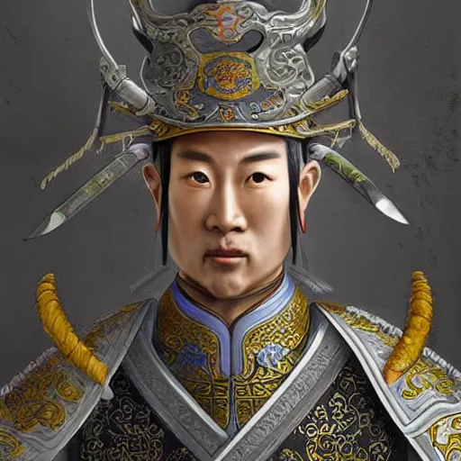 Image similar to dynamic composition, motion, ultra-detailed, incredibly detailed, a lot of details, amazing fine details and brush strokes, colorful and grayish palette, smooth, HD semirealistic anime CG concept art digital painting, watercolor oil painting of a Tang Ming dynasty chinese tao fantasy general wearing armor, from Three Kingdoms, by a Chinese artist at ArtStation, by Huang Guangjian, Fenghua Zhong, Ruan Jia, Xin Jin and Wei Chang. Realistic artwork of a Chinese videogame, gradients, gentle an harmonic grayish colors.