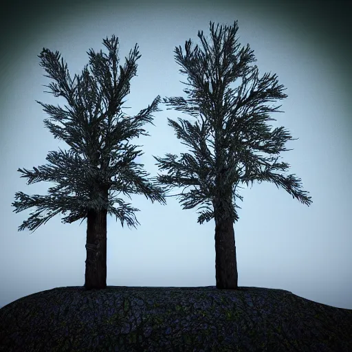 Prompt: trees on the hill with no shadows, without shadows, 3 d render, weird, dreamcore, dream fever, detailed