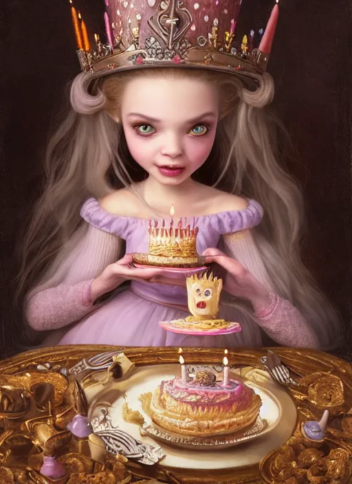 Image similar to highly detailed closeup portrait of a grinning fairytale medieval princess eating birthday cake, unreal engine, nicoletta ceccoli, mark ryden, lostfish, earl norem, global illumination, god rays, detailed and intricate environment