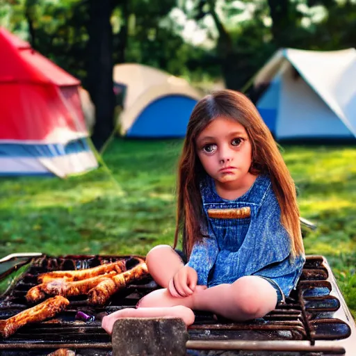 Prompt: big - eyed brunette sweet little girl looking sad in front of barbecue near tent at camp, artistic 4 k