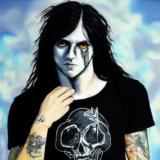 Prompt: “beautiful punk rocker young man with long dark hair and pretty eyes wearing a rock band tee shirt, as painted by vincent van goth”