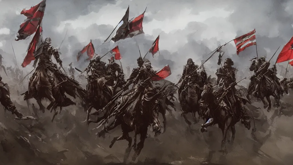 Prompt: group of dragoon riders with flag banners, rule of thirds, watercolored, jakub rozalski, dark colours, dieselpunk, artstation