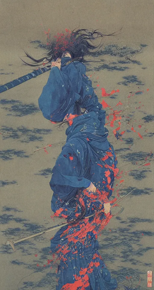 Prompt: Japanese schoolgirl runs away from Samurai with a katana on the subway, high detailed Beksinski painting, part by Adrian Ghenie and Gerhard Richter. art by Takato Yamamoto. masterpiece, deep colours, blue