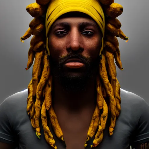 Image similar to photorealistic humanoid rasta banana. hyperdetailed photorealism, 1 0 8 megapixels, amazing depth, glowing rich colors, powerful imagery, psychedelic overtones, 3 d finalrender, 3 d shading, cinematic lighting, artstation concept art