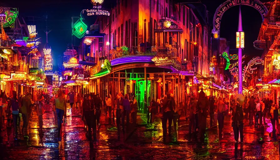 Image similar to crowded neo - gothic bourbon street with color lights, neons, fanfare, hyperdetailed, artstation, cgsociety, 8 k
