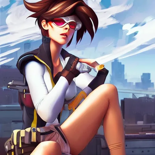 Image similar to digital artwork of tracer sitting on a rooftop, in the style of artgerm, detailed face, expressive face, feminine face,