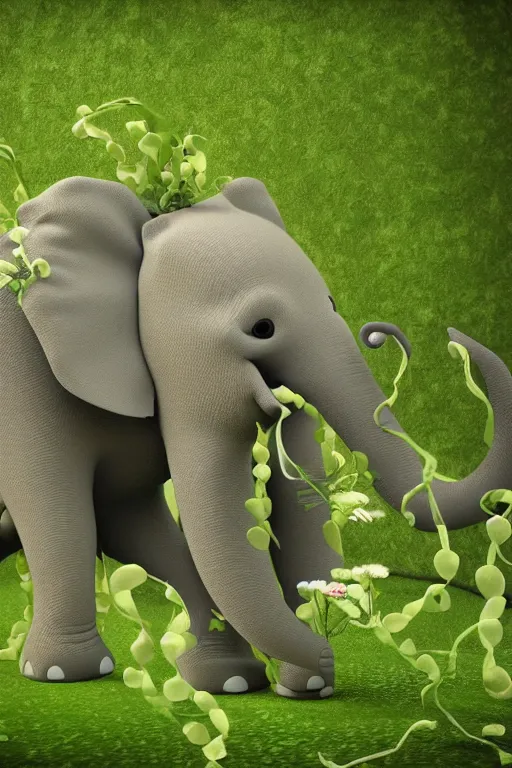 Prompt: ultra - realistic 3 d render of vines forming the shape of mother elephant and child elephant and infected with flowers, beautiful, elegant