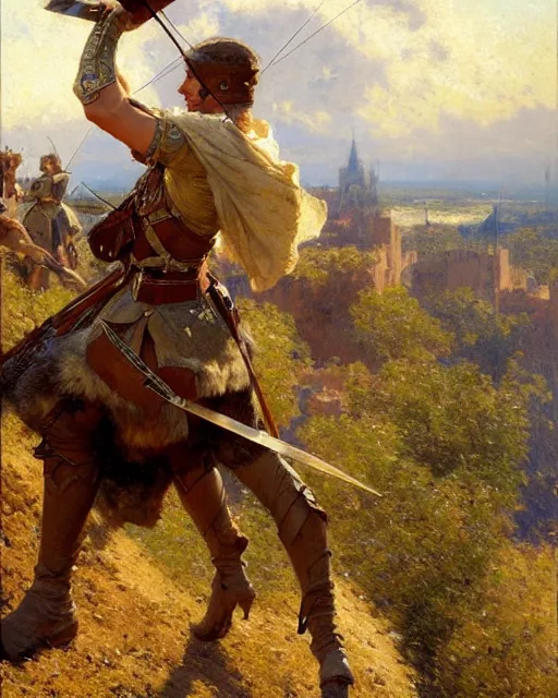 Prompt: attractive crossbowman watches an army approach, he is on a castle wall, painting by gaston bussiere, craig mullins, j. c. leyendecker