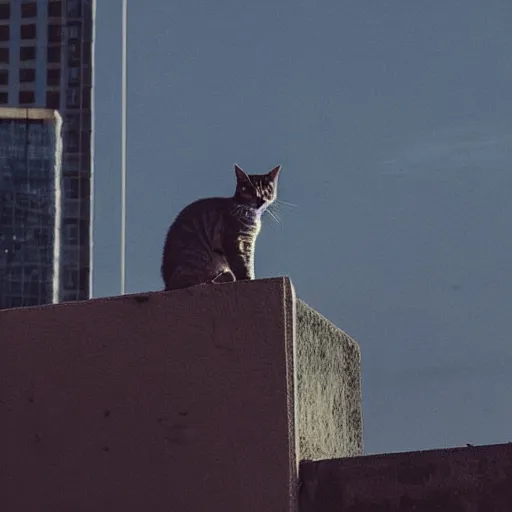 Image similar to Stray cat sitting on a roof watching a cyberpunk futuristic city