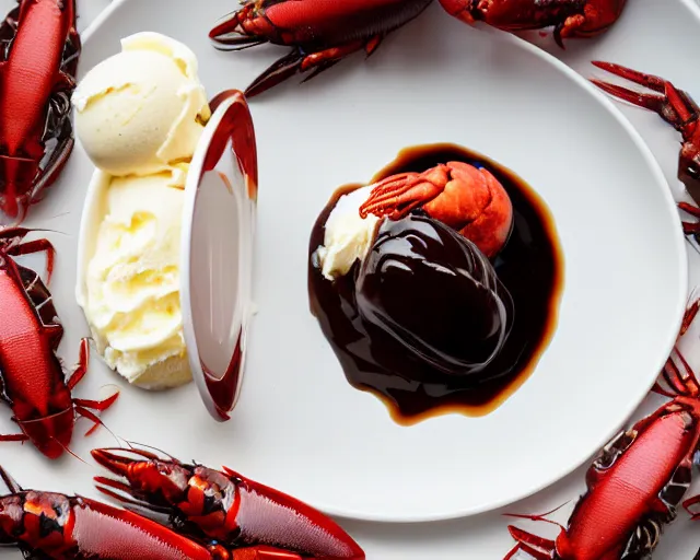 Image similar to dslr food photograph of a plate of vanilla ice cream and a crawfish, some chocolate sauce, 8 5 mm f 1. 4