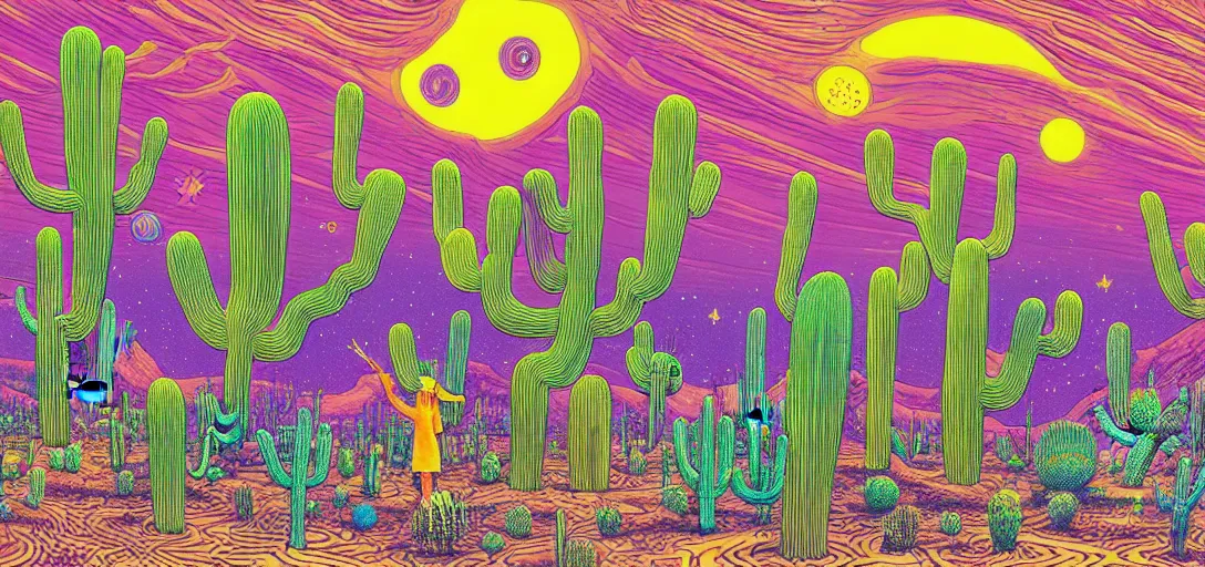 Image similar to A hand drawn digital still of mystical desert with strange ethereal creatures and cactus with a psychedelic night sky, A alien with a sombrero is walking thru the desk drunk drinking a beer in the style of Alex Grey and Moebius, risograph, Artstation HD, 8k, Surrealistic digital artwork,