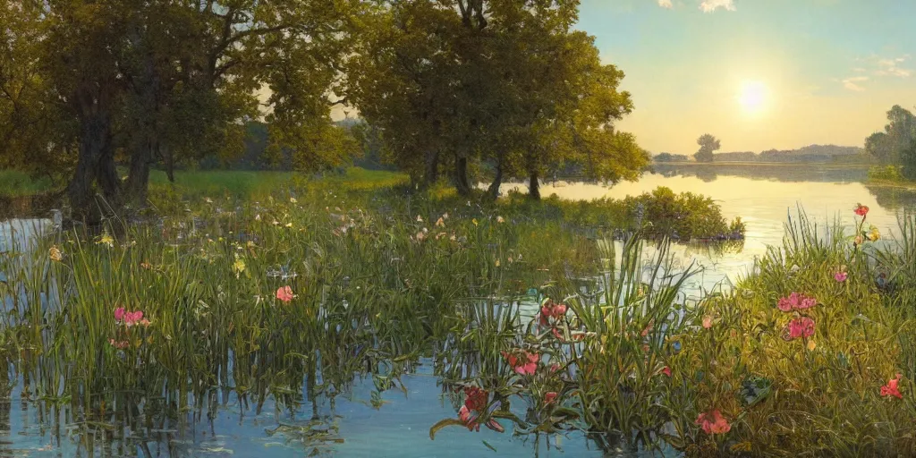 Prompt: a beautiful lake landscape in spring, romantic ambiente, reed on riverbank, no mountains, clear sky, sunshine, colorful, by Mohrbacher and Moebius and Alphonse Mucha and Roger Deakins, cinematic lighting, masterpiece, highly detailed, 8k resolution, trending on art station