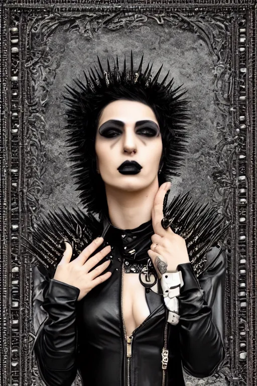 Image similar to a genderqueer iranian woman in a black leather outfit with spikes on her head, a high fashion character portrait by christen dalsgaard, featured on behance, gothic art, androgynous, genderless, gothic