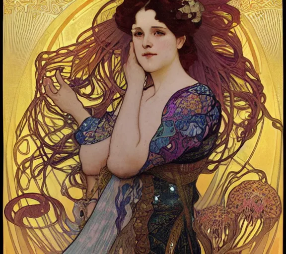 Prompt: the empress of the jellyfish, art nouveau portrait, by alphonse mucha, Adolfo Hohenstein, Stanley Artgerm Lau, greg rutkowski, thomas kindkade, loish