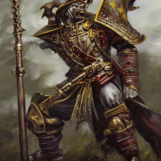 Image similar to warhammer fantasy battle, empire, halberdier, digital art painting, night, painted by john blanche, rick priestley, marc gascoigne, awe inspiring, detailed human face, detailed eyes, arms, legs, torso, hands, anatomically correct, realistic, hyper realistic, miniature, model, 3 d printed