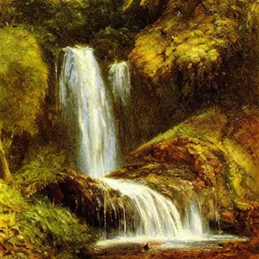 Prompt: waterfall next to a gigantic cabbage, oil painting by jan matejko