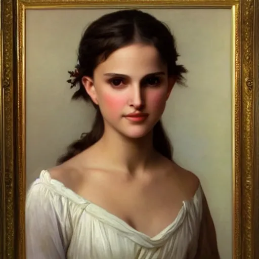 Prompt: Painting of young Natalie Portman. Art by william adolphe bouguereau. During golden hour. Extremely detailed. Beautiful. 4K. Award winning.