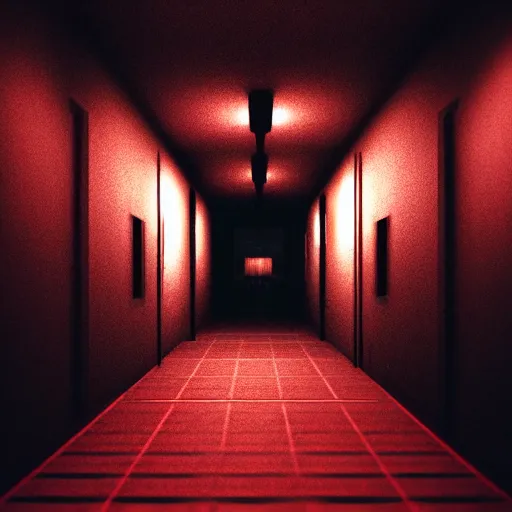 Image similar to photograph of an extremely dark narrow hallway with glowing humanoid monster made out of tv static, dark deep black shadows, red and black color contrast in the style of trevor henderson, liminal space, 3 d octane render, glitch effect