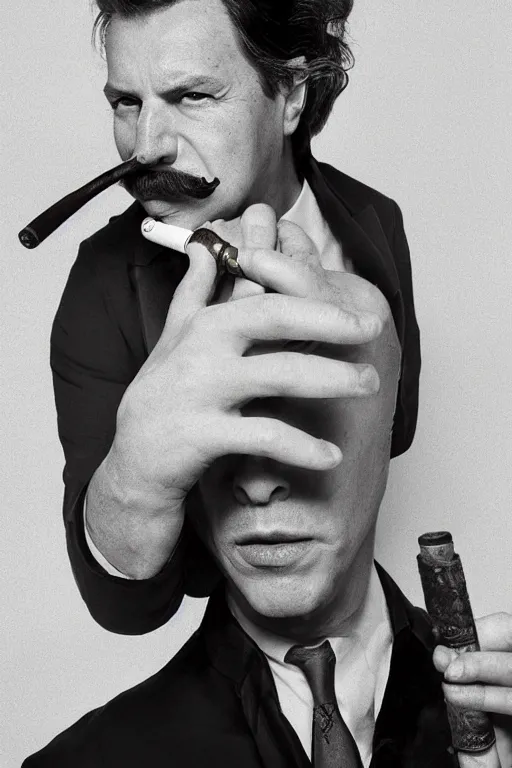 Image similar to mario testino photography, a male portrait, black hair, moustache, smoking a pipe