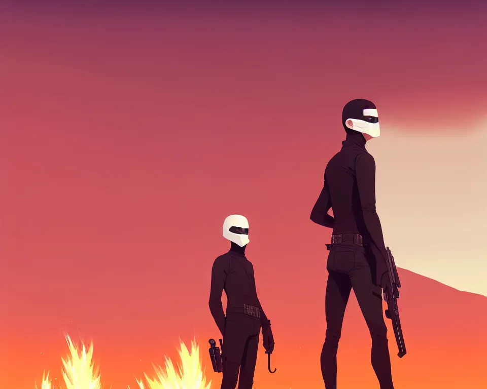 Prompt: white masked man in front of burning desert, by ilya kuvshinov, greg rutkowski and makoto shinkai, trending on artstation