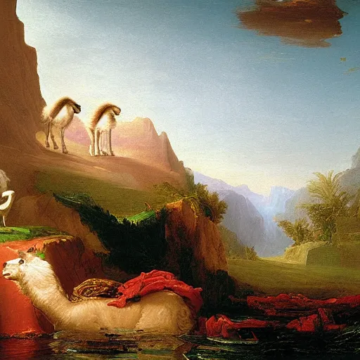 Image similar to oil painting by thomas cole of the voyage of life but with a llama.