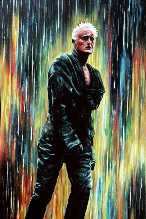 Image similar to a painting that asks the viewer to question the very purpose of life when all memories will be lost in time like tears in the rain, the replicant roy batty is capable of showing more empathy than his human creators, in the style of blade runner, ridley scott