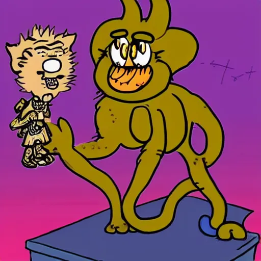 Prompt: jon arbuckle as a lovecraftian monster petting garfield the cat