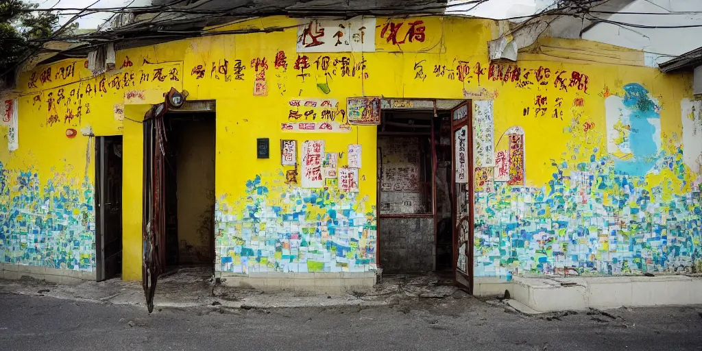 Prompt: an old and abandoned chinese restaurant with a sign saying chen chow and with a yellow wall mural saying open 2 4 hours