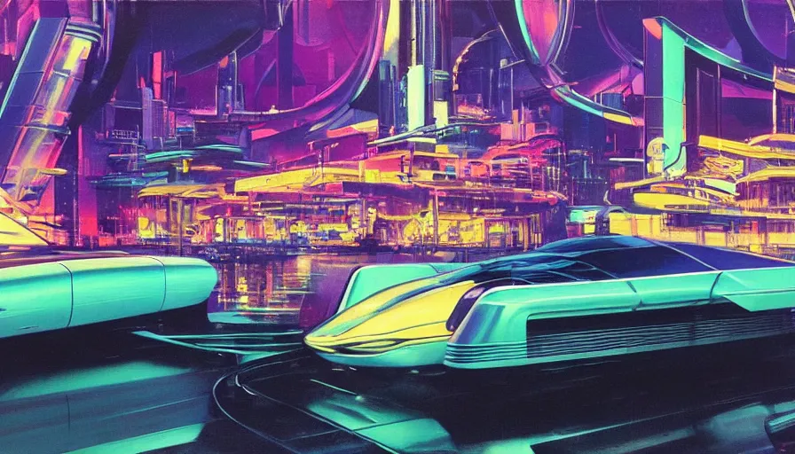 Prompt: Retro futuristic vehicle in a colorful urban landscape, neon lights reflecting in water, sci-fi concept art, by Syd Mead, highly detailed, oil on canvas