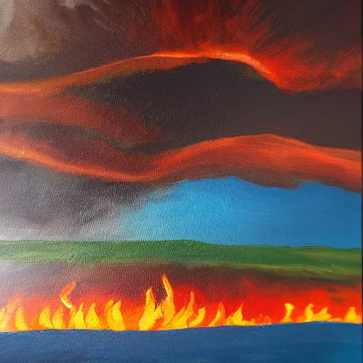 Image similar to landscape oil painting consisting of fire, earth, wind and water