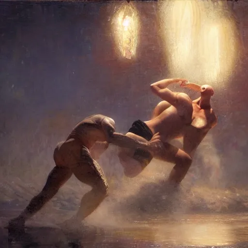 Image similar to bald wrestler breaking blonde wrestler's back, radiant light, caustics, heroic, bright iridescent light, by gaston bussiere, bayard wu, greg rutkowski, maxim verehin, epic wrestling combat, legendary