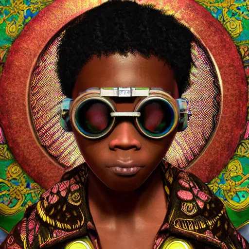 Prompt: colourful vfx upper half - portrait - art of a nigerian boy wearing steam punk goggles, art by utagawa kunisada, james jean & alphonse mucha, symmetrical, intricate detail, concept art, volumetric light, ray tracing, caricature, digital illustration, octane 3 d render, unreal engine, sharp, pinterest, behance, art station,