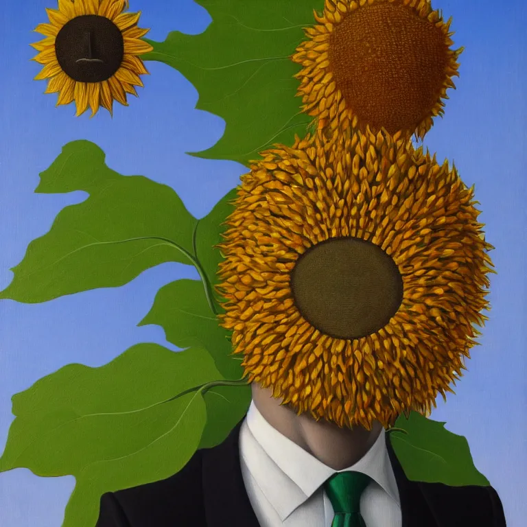 Image similar to portrait of a faceless sunflower - head man in a suit by rene magritte, detailed painting, distance, centered, hd, hq, high resolution, high detail, 4 k, 8 k