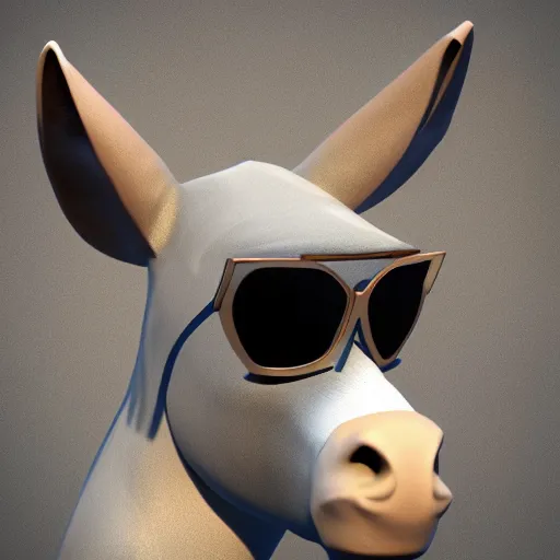 Prompt: 3D render of a donkey character wearing cool sunglasses, artstation