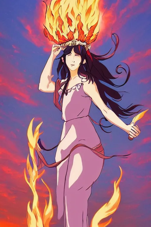 Prompt: beautiful goddess of fire stands in her power, in the style of studio ghibli