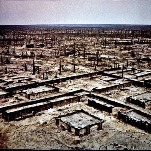 Image similar to barren city, nuclear wasteland, Fallout aesthetic, Anselm Kiefer