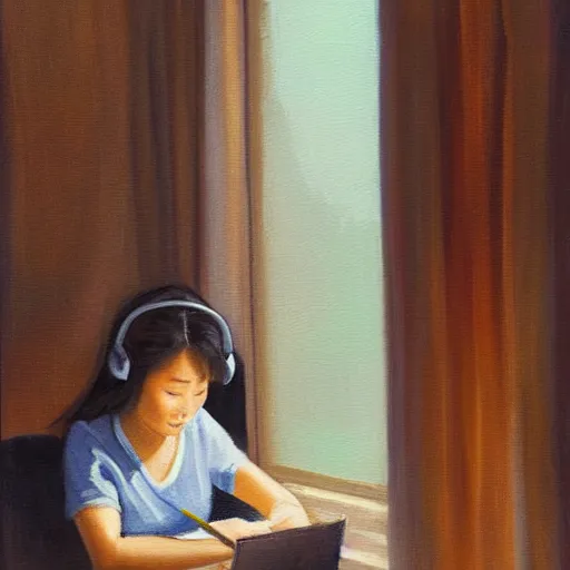 Image similar to A relaxed expressive painting of a Korean girl sat writing in a journal while wearing headphones illuminated by a desk lamp, in the background is a window overlooking a rainy city, with a cat resting on the window cill, a relaxed and dreamy atmosphere, highly detailed, 8K