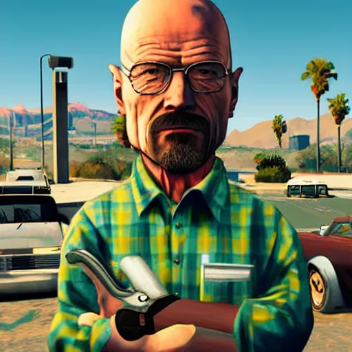 Image similar to Walter White in GTA V. Los Santos in the background, palm trees. In the art style of Stephen Bliss