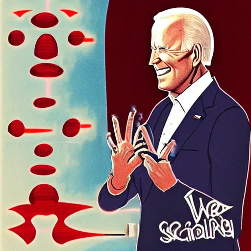 Prompt: joe biden with glowing red laser eyes. wrathful supervillain. laughter. science fantasy art.