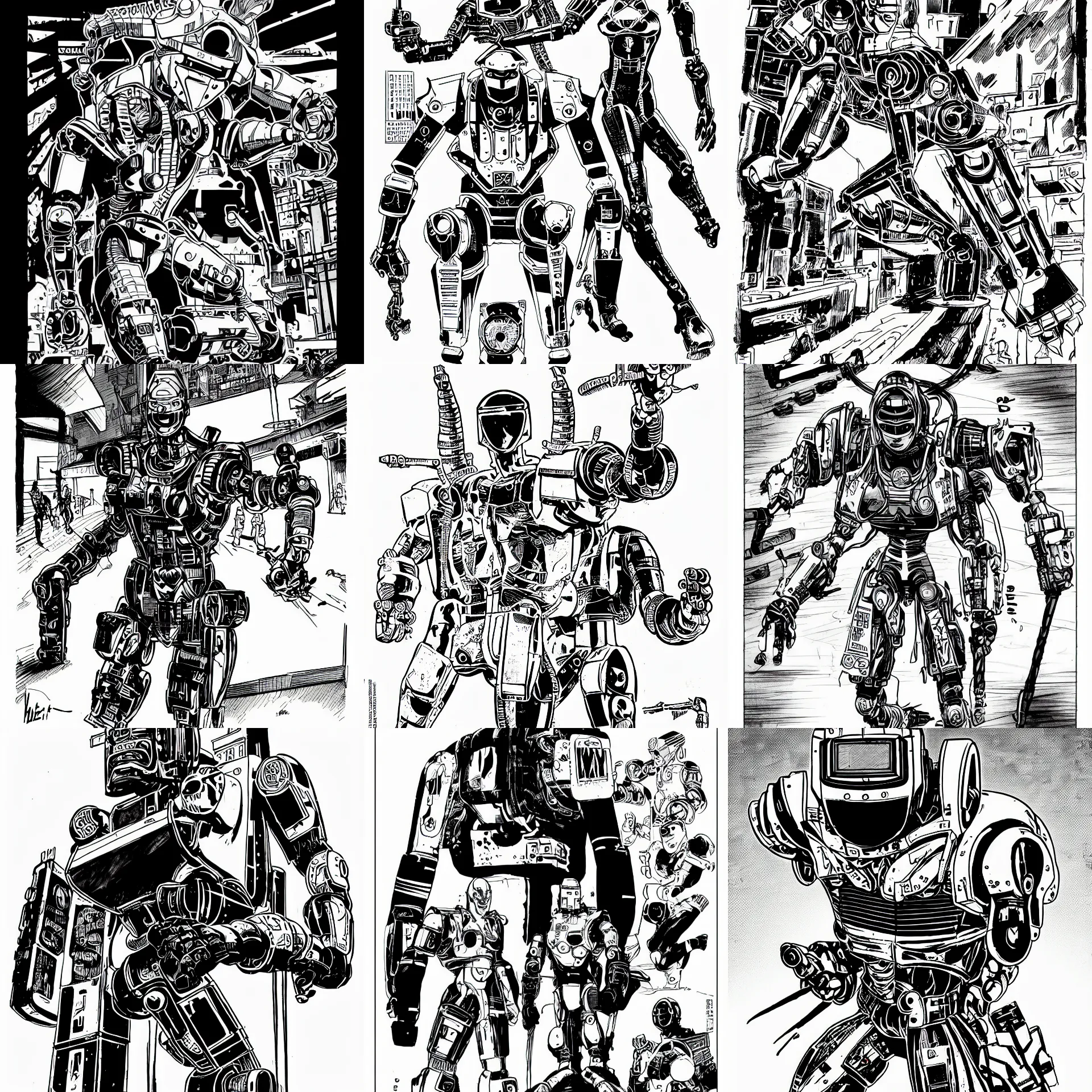 Prompt: ninja robot standing neutrally, robotic head, a page from cyberpunk 2 0 2 0, style of paolo parente, style of mike jackson, 1 9 9 0 s comic book style, white background, ink drawing, black and white