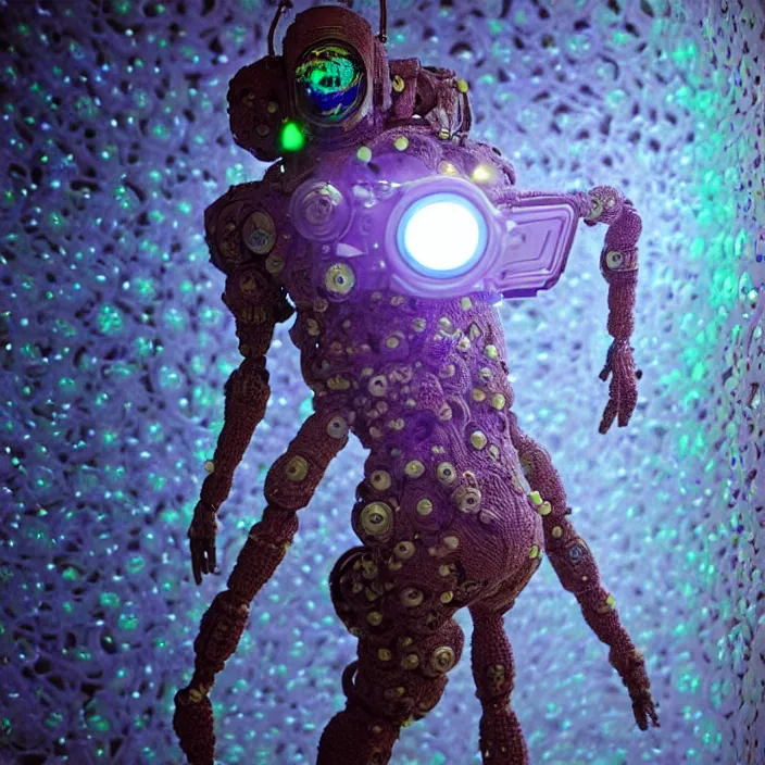 Image similar to a cybernetic symbiosis of a single astronaut mech-organic eva suit made of pearlescent wearing knitted shiny ceramic multi colored yarn thread infected with diamond 3d fractal lace iridescent bubble 3d skin dotted covered with orb stalks of insectoid compound eye camera lenses floats through the living room, film still from the movie directed by Denis Villeneuve with art direction by Salvador Dalí, wide lens,kevlar,carbon fiber,ceramics,gaseous materials,