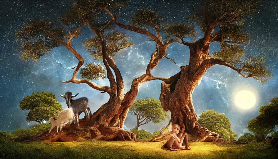 Image similar to very very small goat, sitting on a gigantic banyan tree in moonlit socotra island by ilya kuvshinov, starry night, rtx rendering, octane render 1 2 8 k, maya, extreme high intricate details by tom bagshaw, medium shot, close up shot, composition by sana takeda, lighting by greg rutkowski, midsommar