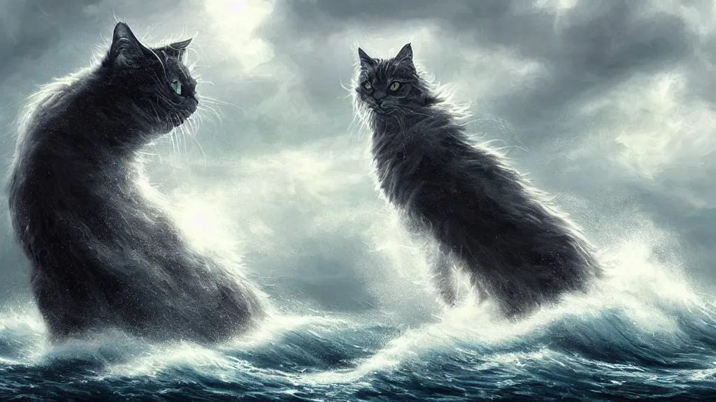 Image similar to a gigantic cat bursting out of a stormy sea attacking a small sail boat, wet fur, giant waves, sunbeams in background, intricate, detailed, volumetric lighting, sharp focus, scenery, photorealism, digital painting, highly detailed, concept art, by by aleski briclot and alexander'hollllow'fedosav and laura zalenga