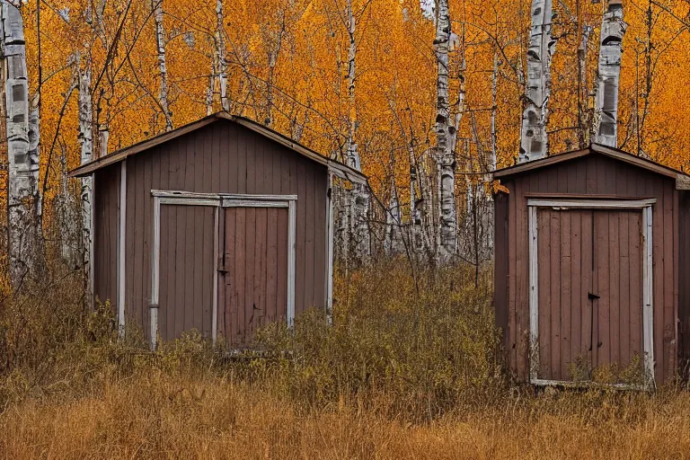 Prompt: An abandoned shed in a post-apocalyptic wasteland, overgrown, fall, maple leaves, brown and orange, light glow, birch trees, aspen trees, 53 F October 28th 2432