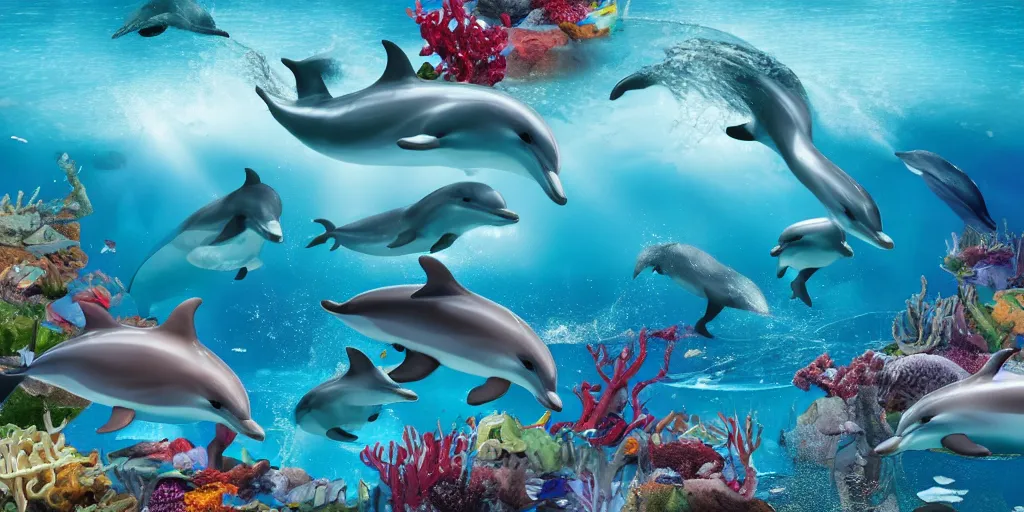 Image similar to sirens of the sea with other dolphins and sea creatures in their underwater kingdom, ultrarealistic, 4 k