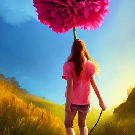 Image similar to giant carnation flower head, girl hiking in the mountains, surreal photography, sunrise, dramatic light, impressionist painting, colorful clouds, digital painting, artstation, simon stalenhag