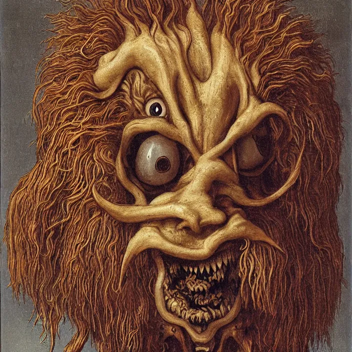 Prompt: close up portrait of a mutant monster creature with crooked boar - like teeth, flower iris eyes, ingrown nose, spidery mustache, lace and manbun. jan van eyck